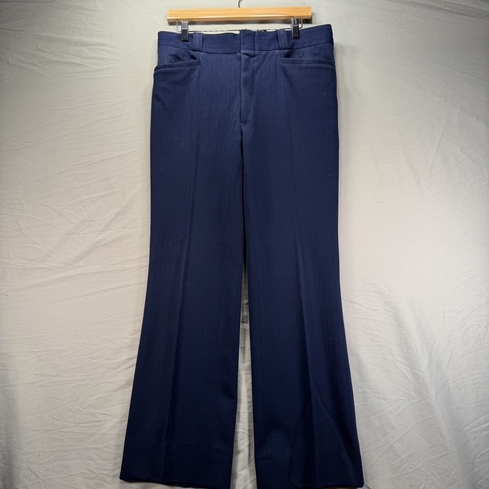 True Vintage Dress Slacks Men 32x30 Navy Blue Polyester Flared Bootcut Polyester